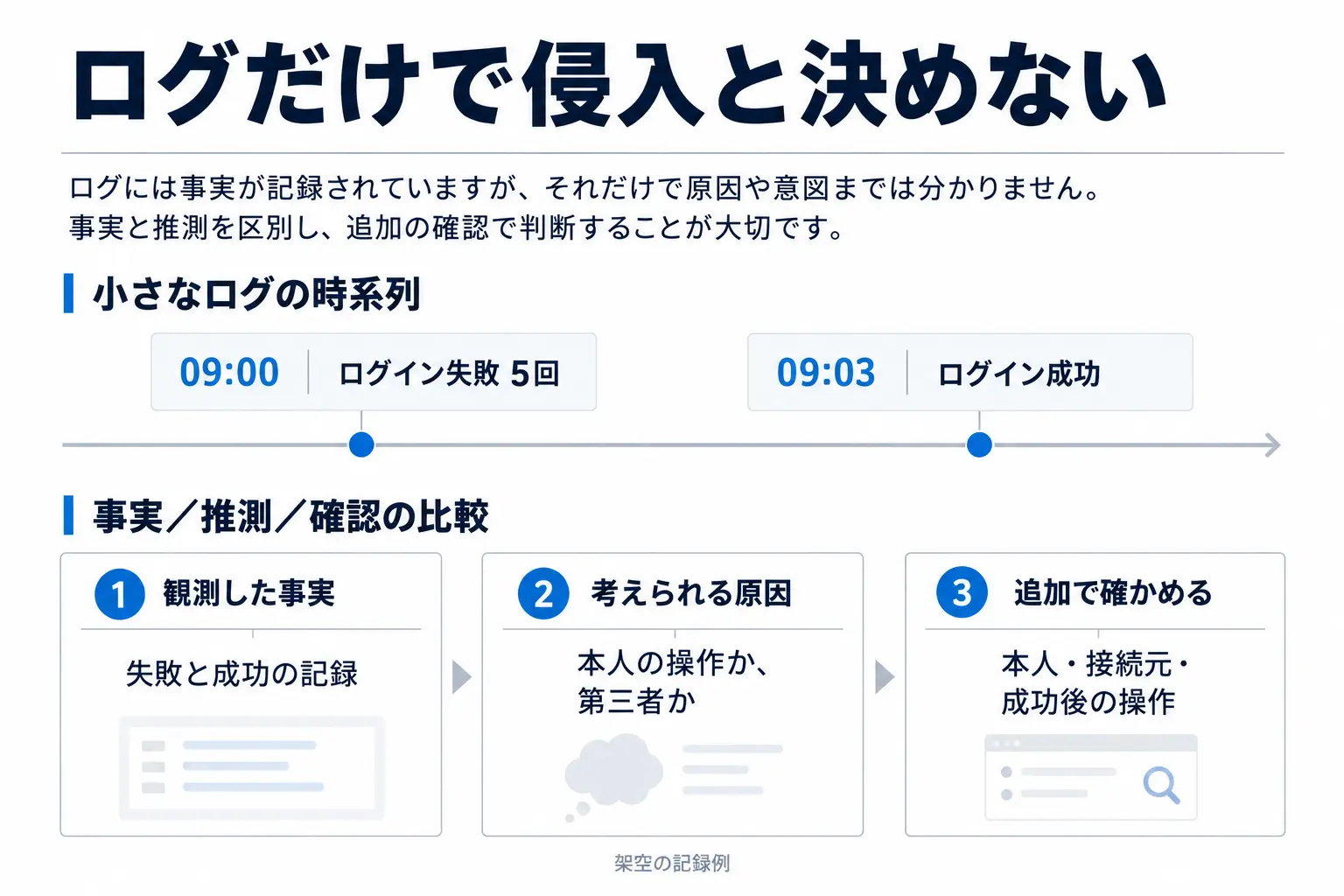 架空のログイン失敗5回と3分後の成功について、観測した事実、考えられる原因、追加で確かめることを分けた図。