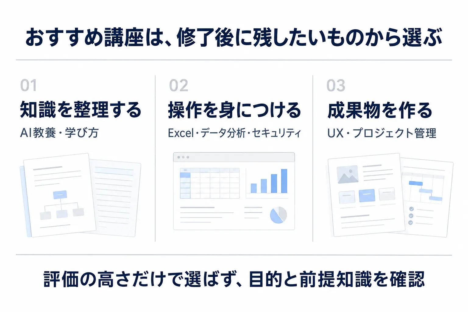 講座を選ぶ目的を、知識の整理、操作の習得、成果物の制作に分け、目的と前提知識を確認する図。